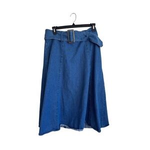 Denim Midi Skirt 16 Blue High Waisted A-Line Belted Long Jean Skirt Pockets